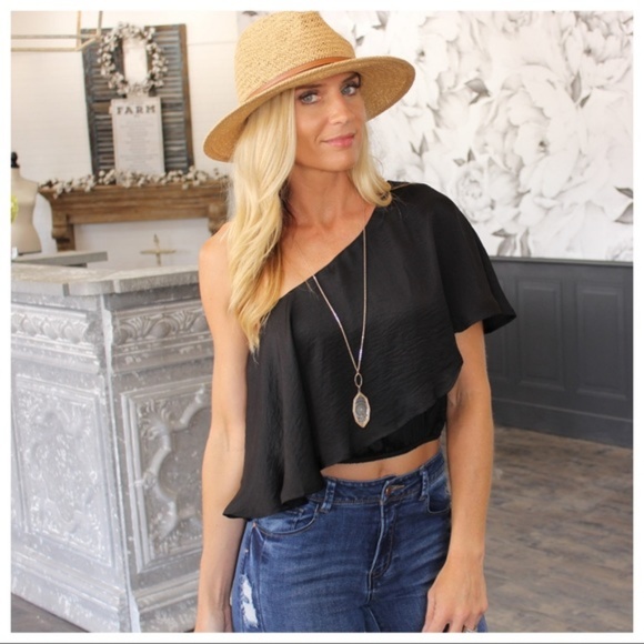 Infinity Raine Tops - LAST ONE! Black Off Shoulder Satin Crop Top